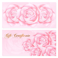 Gift certificate, Voucher, Coupon, Reward / Gift card template with rose (flowers pattern). Set of  floral feminine background design for gift banknote, check, gift money bonus, ticket, flyer, banner
