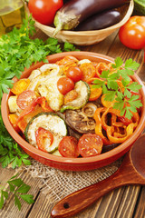 Roasted vegetables in a ceramic pot