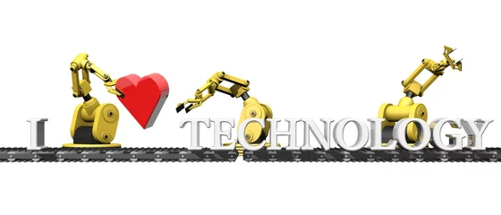 Foto auf Leinwand 3d tekst "Ik hou van technologie" op lopende band © emieldelange