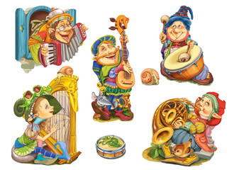 Set elves playing musical instruments.
