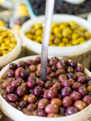 Freshly marinated olives at the market.