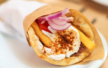 Close-up of greek Pita Gyros.
