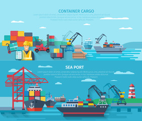 Sea Port Horizontal Banner Set - obrazy, fototapety, plakaty