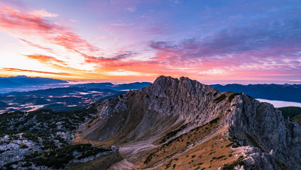 Sunrise in the mountains. Early morning as viewed from the top of Visevnik hill with vast landscape below.