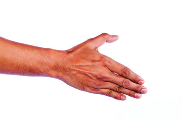 male hands about to shake hands, over white background