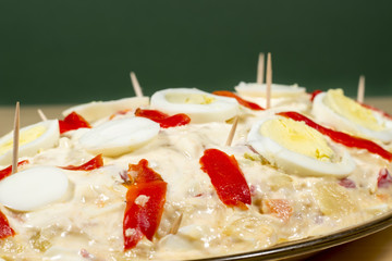 Close-up of tray of Olivier salad, commonly known as Russian salad