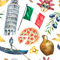 Seamless pattern of Italy icons watercolor illustration.