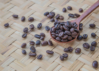 Coffee bean,wooden spoon,bamboo flooring.