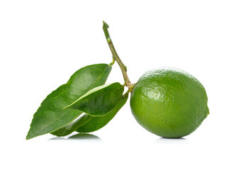 Green lemon,leaves on white background.