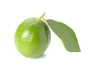 Green lemon,leaves on white background.