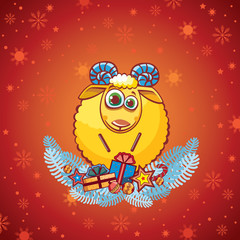 Cartoon yellow ram and background with snowflakes.
