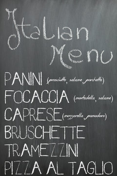 Italian bar menu on a chalkboard