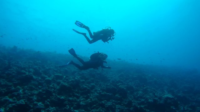 Scuba divers, man and woman swimming near the coral reef 
