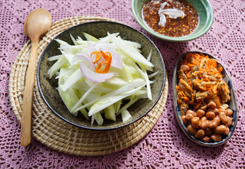 Mango salad with spicy shrimp paste sauce, Thai cuisine