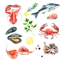 Set of seafood watercolor. - 93022648