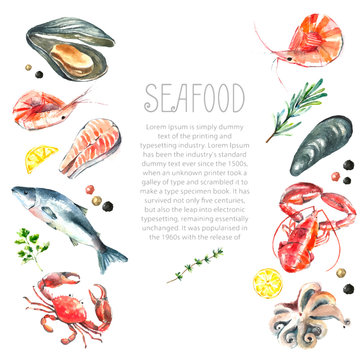 Set Of Seafood Watercolor.