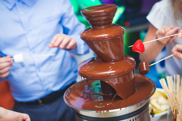Vibrant Picture of Chocolate Fountain Fontain on childen kids birthday party with a kids playing...