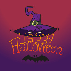 Happy Halloween Vector Illustration. Hand Lettered Text with Haunted Hat and Bat on a purple background.