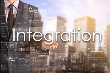 Businessman showing text by his hand: Integration