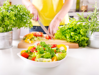 Female hands preparing vegetable salad in the kitchen
