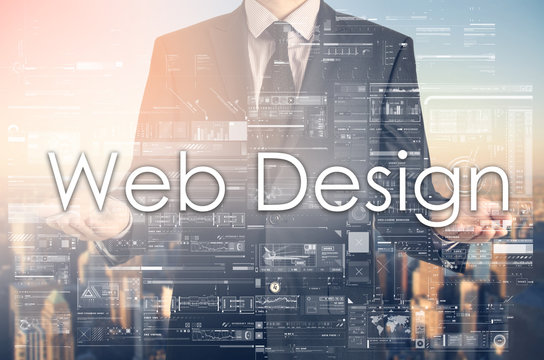 Businessman is presenting text: Web Design