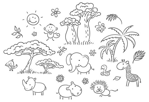 Set of cartoon exotic African animals and plants