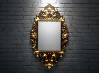 Blank vintage gold picture frame on white gray brick wall - 93025890
