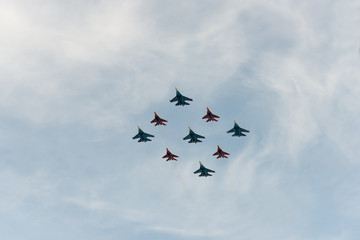 Group of airplanes Sukhoi Su-27 and MIG-29