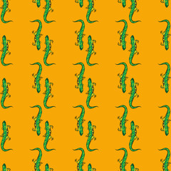 Funny green iguana Seamless pattern with cute animal on