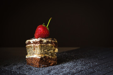 Piece of poppy seed cake with strawberry