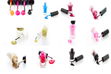 Group of bright nail polishes on white