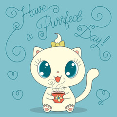 Cute cat with cup of tea