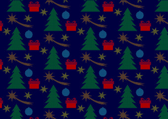 Christmas seamless polka dots pattern with tree, christmas comets, stars and gifts