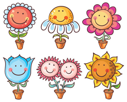 Flowers in pots as cartoon characters with faces Stock Vector | Adobe Stock
