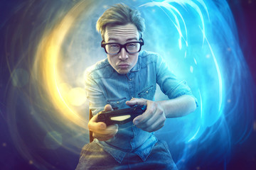 Nerdy gamer with controller - obrazy, fototapety, plakaty