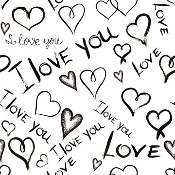 Fototapeta Seamless pattern with inscriptions '' I love you'' and hearts written by hand in black ink on a white background