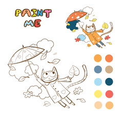 Coloring book with autumn cartoon cat. Vector image.