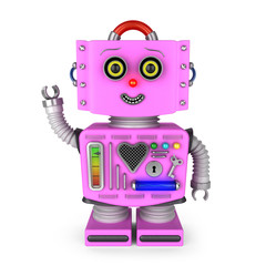 Fototapeta premium Pink vintage toy robot girl smiling and waving hello over white background