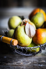 Autumn pears on rustic wooden background © ehaurylik
