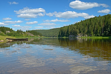 river forest, hills,  summer sky clouds  nature