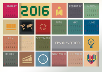 2016 simple vector calendar with colorful square box and busines