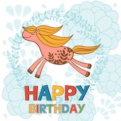 Happy birthday card with cute running horse character