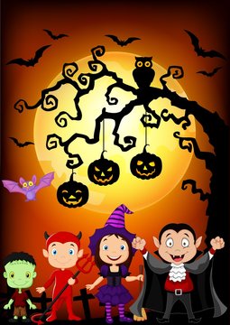 Halloween background with little kids wearing Halloween costume
