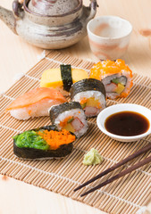 sushi on wooden background