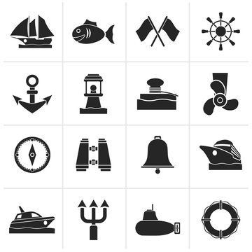 Black Marine, sea and nautical icons - vector icon set