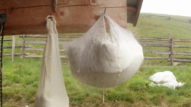 large piece of cheese hanging in cheesecloth for dehydration mountain tradition