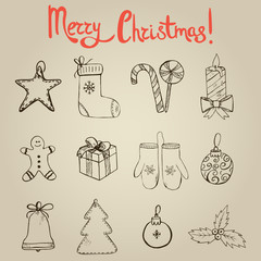Set of hand drawn Christmas elements (icons)