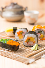 sushi on wooden background