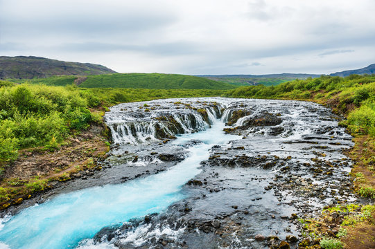 Beautiful Bruarfoss waterfall with turquoise water