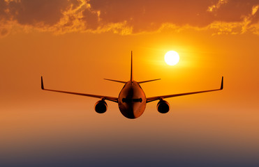 Fototapeta na wymiar Passenger airplane flying in the evening or morning sky